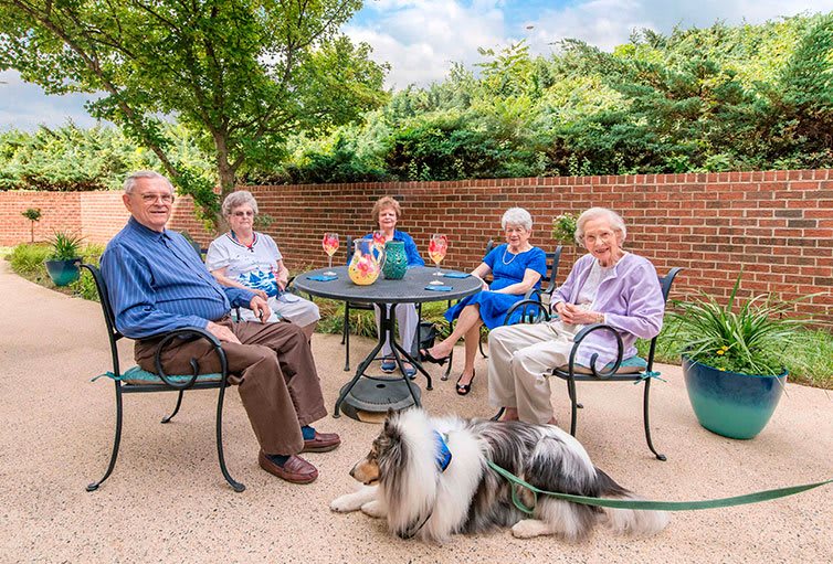 A group of seniors enjoying a relaxing afternoon on the patio with a dog.