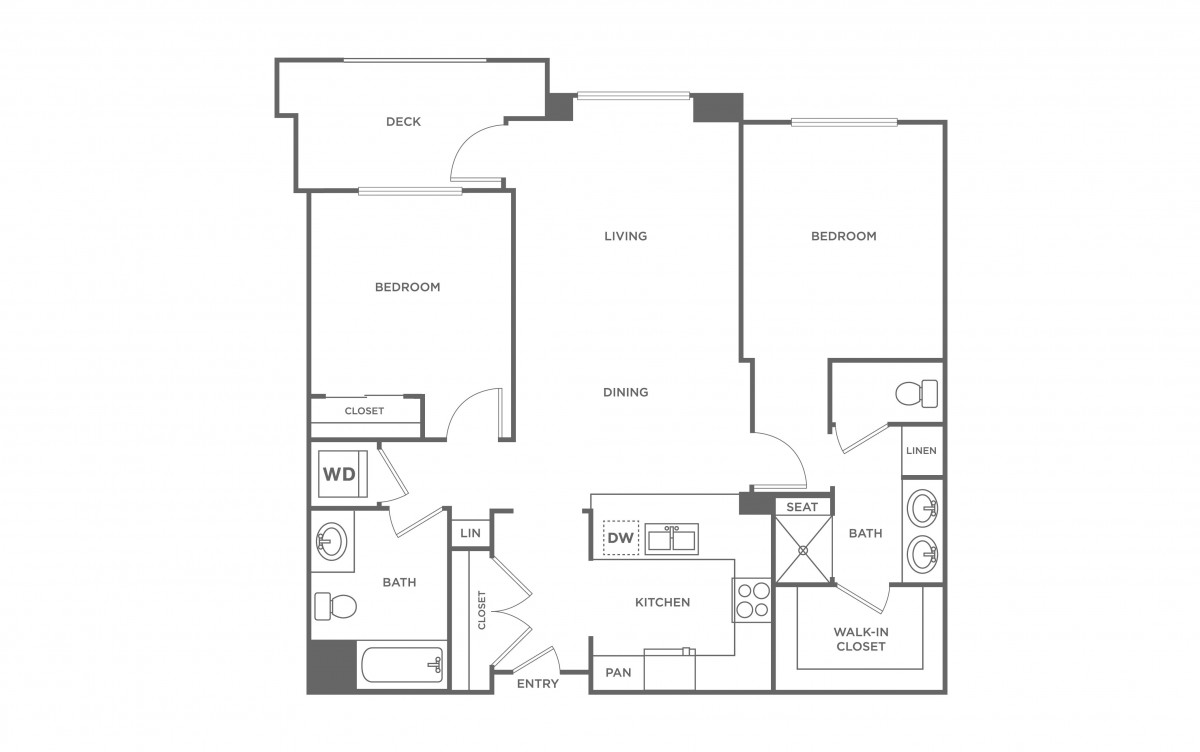 A detailed floor plan of an apartment, showing the layout of rooms and amenities.