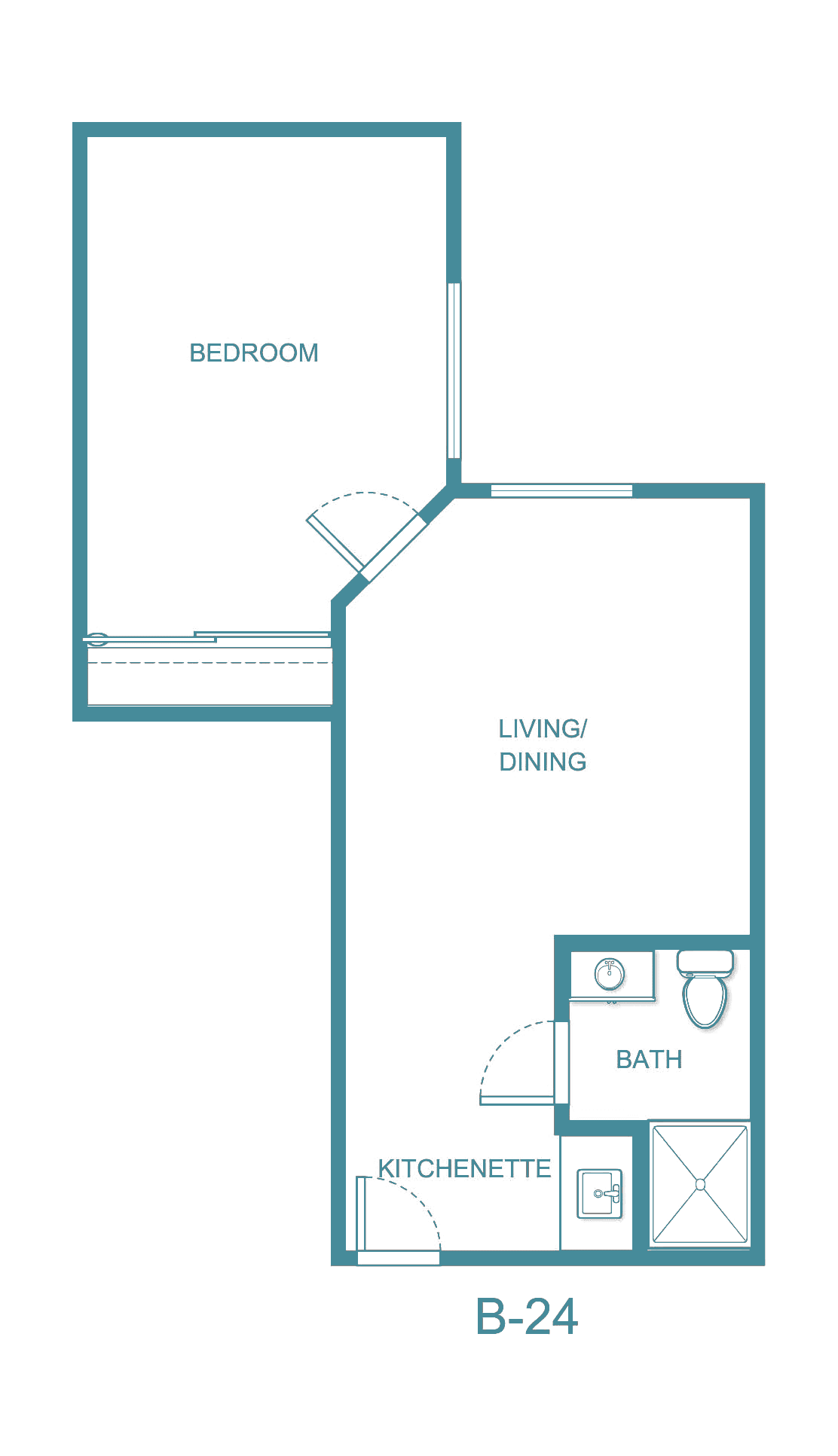 A simple floor plan of a one-bedroom apartment featuring a living/dining area, bathroom, and bedroom.