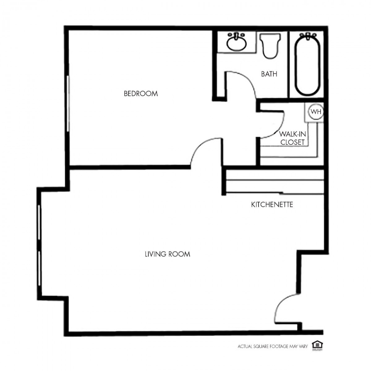 A floor plan of a one-bedroom apartment featuring a bathroom, kitchenette, and living room.
