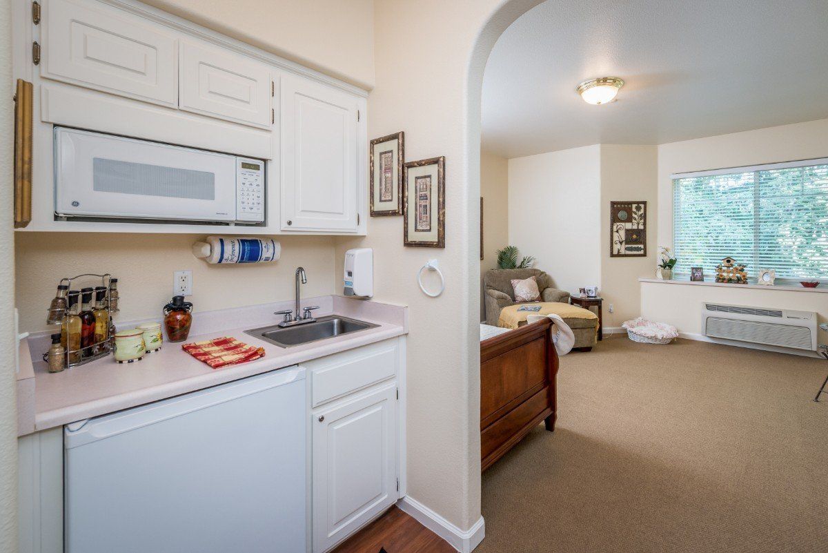 A cozy apartment interior featuring a small kitchen area and a connected living room.
