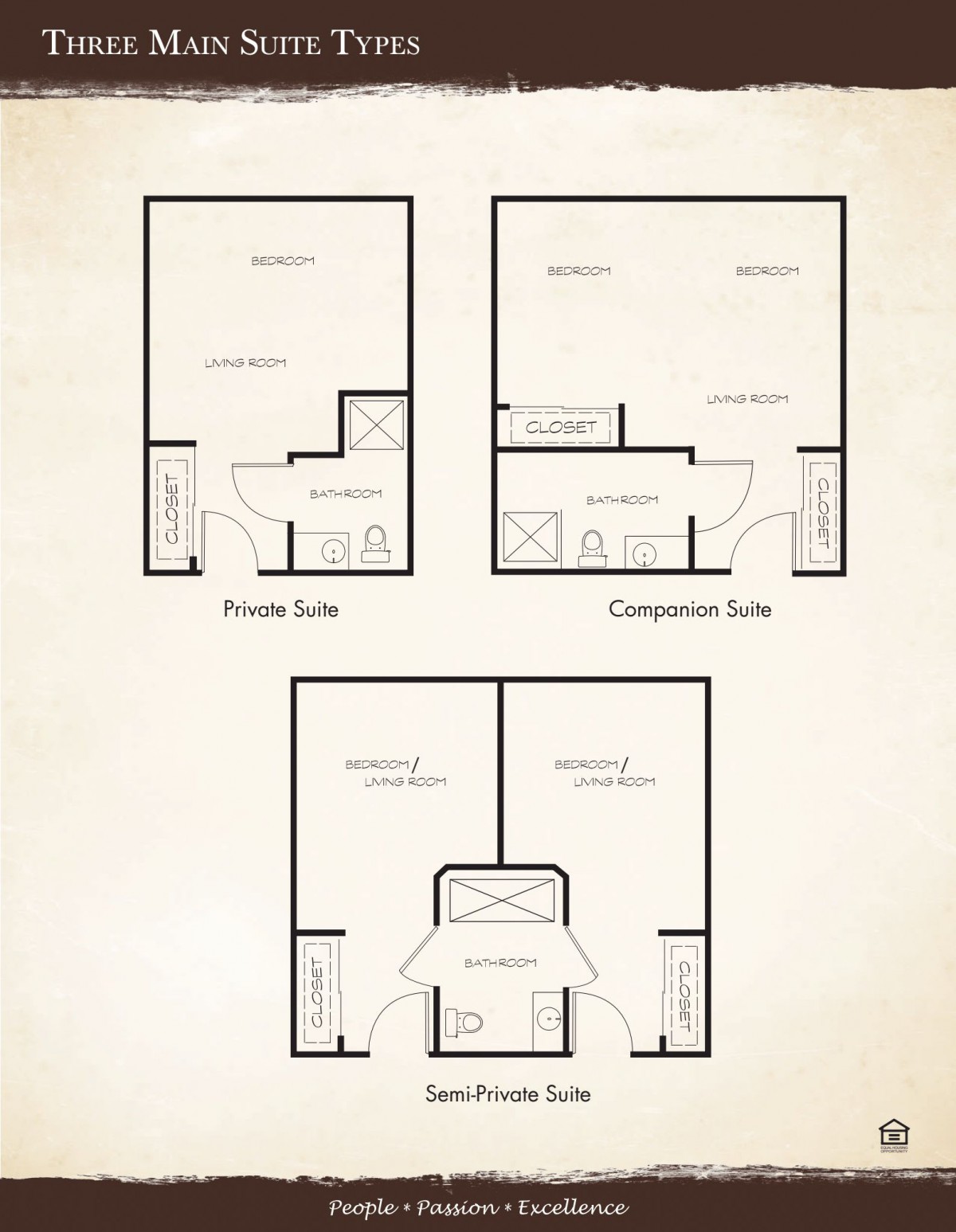 A set of three floor plans showing different suite designs, including a private suite, companion suite, and shared area.