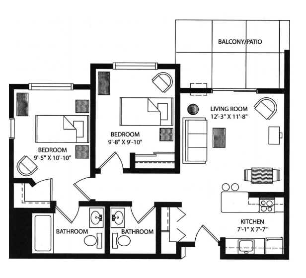 A floor plan of a two-bedroom apartment featuring a living room, kitchen, balcony, and two bathrooms.