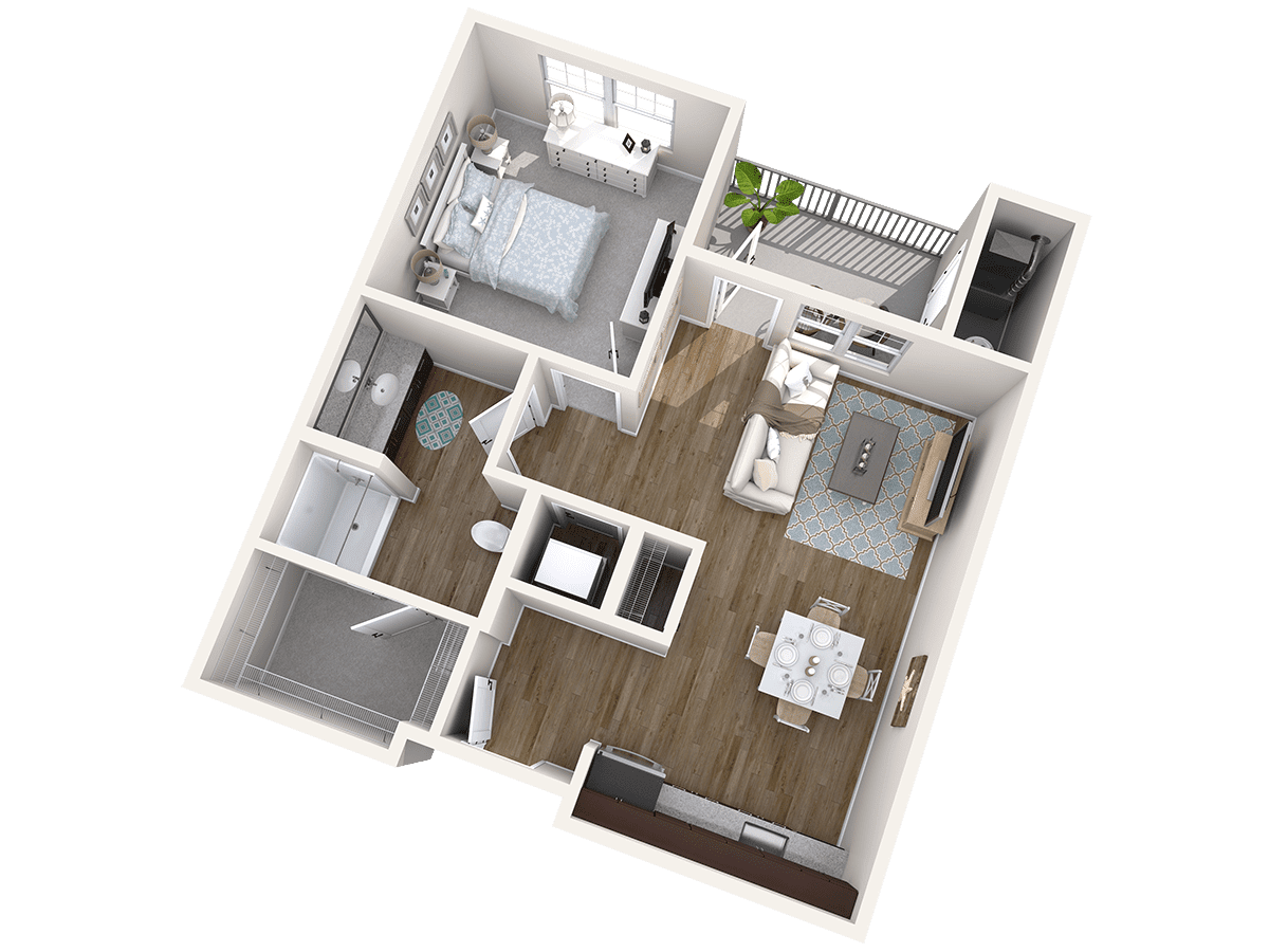 A 3D rendered floor plan of a modern apartment featuring two bedrooms, a living area, kitchen, and bathroom.