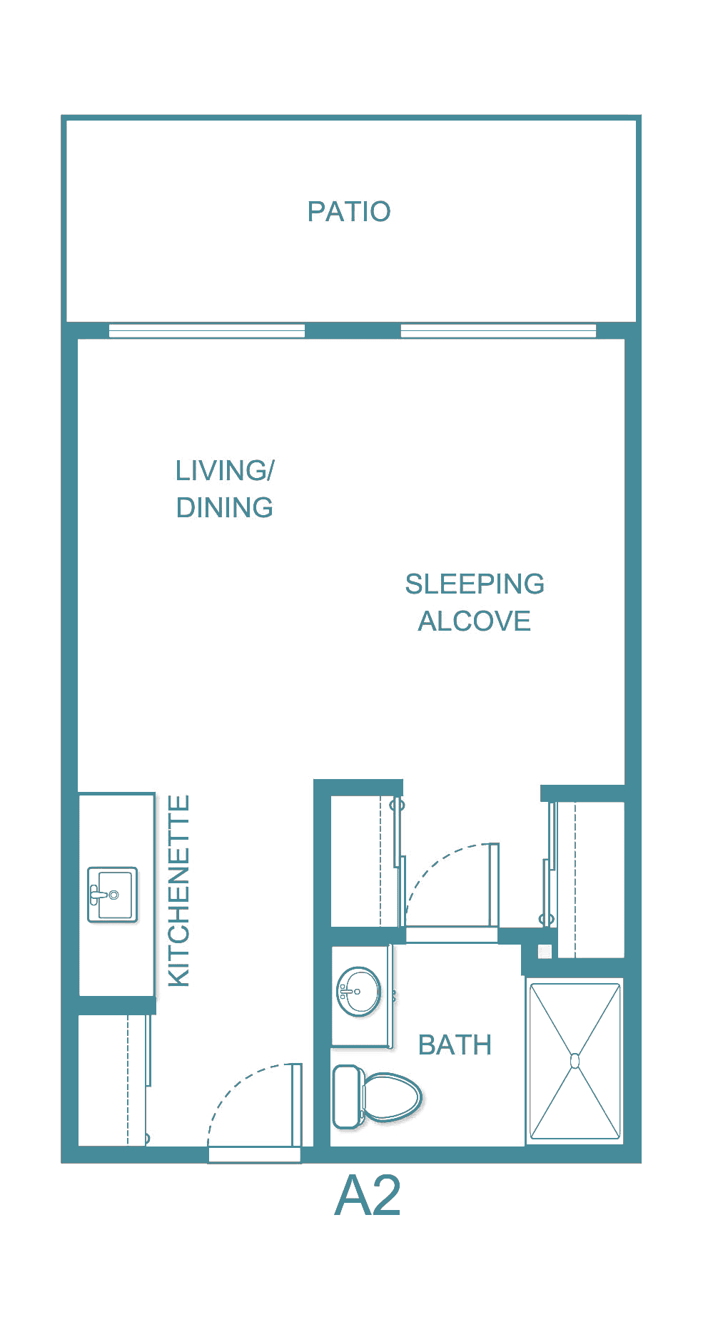 Floor plan of a studio apartment with a living/dining area, sleeping alcove, kitchenette, and bathroom.