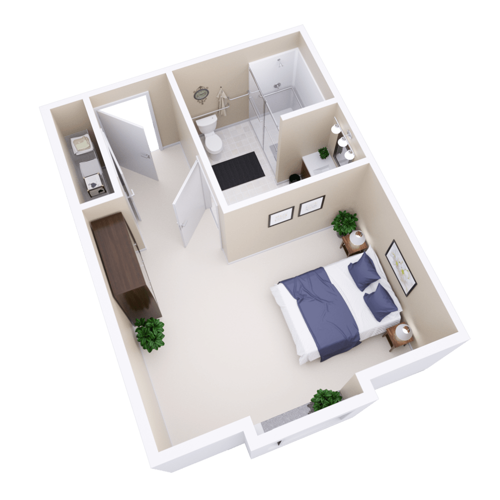 3D floor plan of a small apartment featuring a bedroom and bathroom.