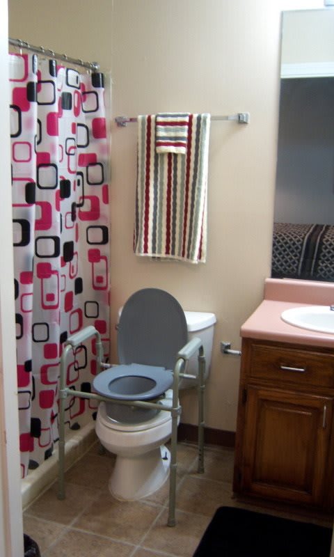 An accessible bathroom featuring a toilet with handrails and a colorful shower curtain.