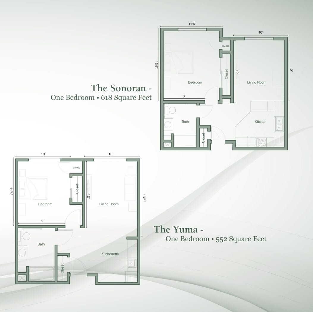 Floor plans of two different one-bedroom apartments labeled 'The Sonata' and 'The Vista'.