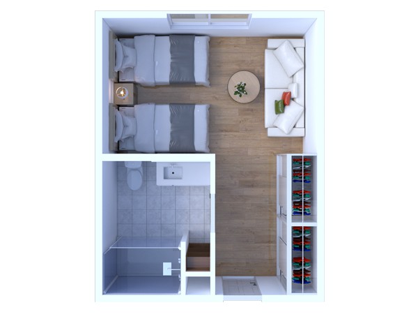 A modern interior layout featuring twin beds and a small living area with wood flooring.