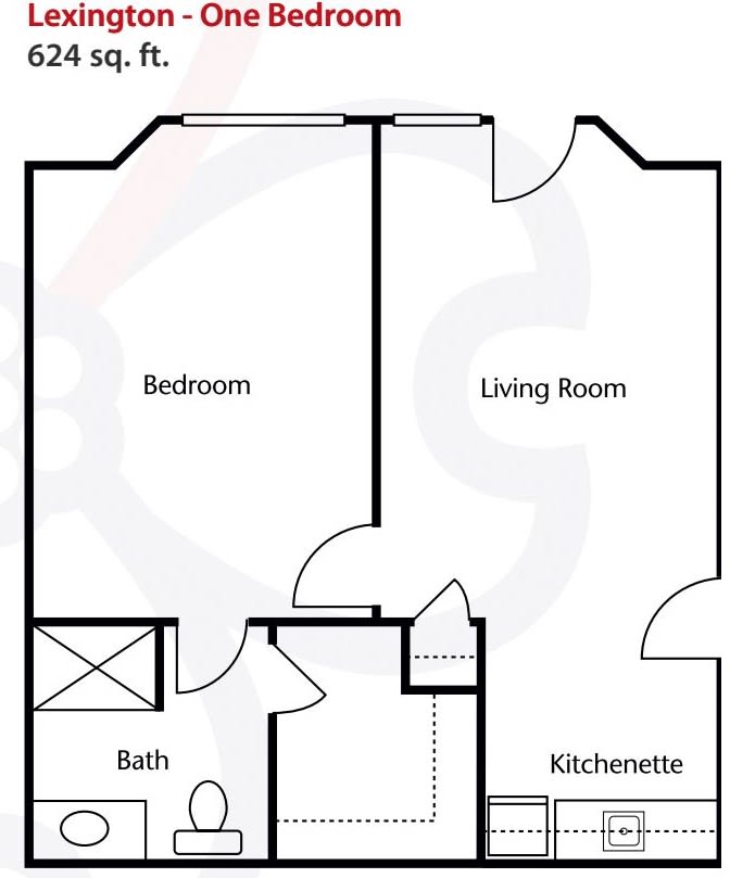 A simple floor plan showing a bedroom, living room, bath, and kitchenette.