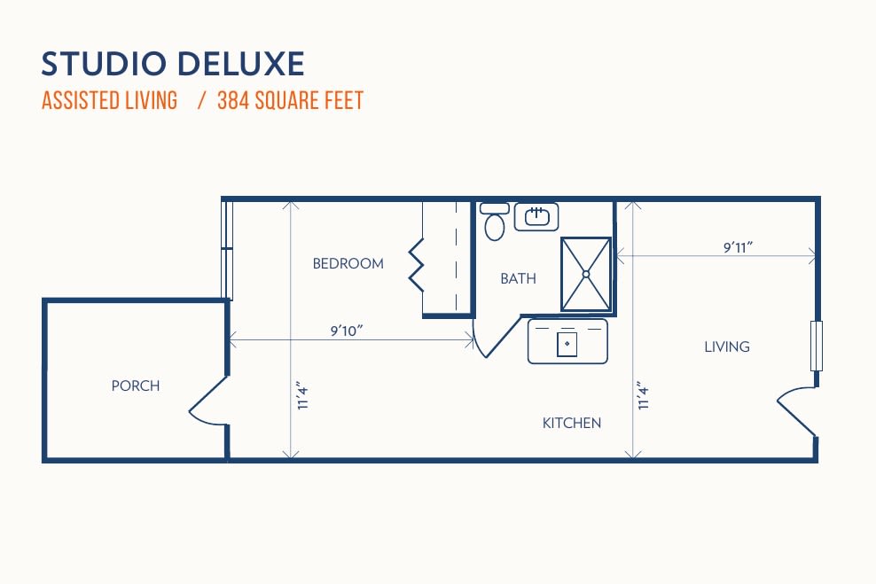 Studio Deluxe apartment floor plan with a total of 384 square feet.