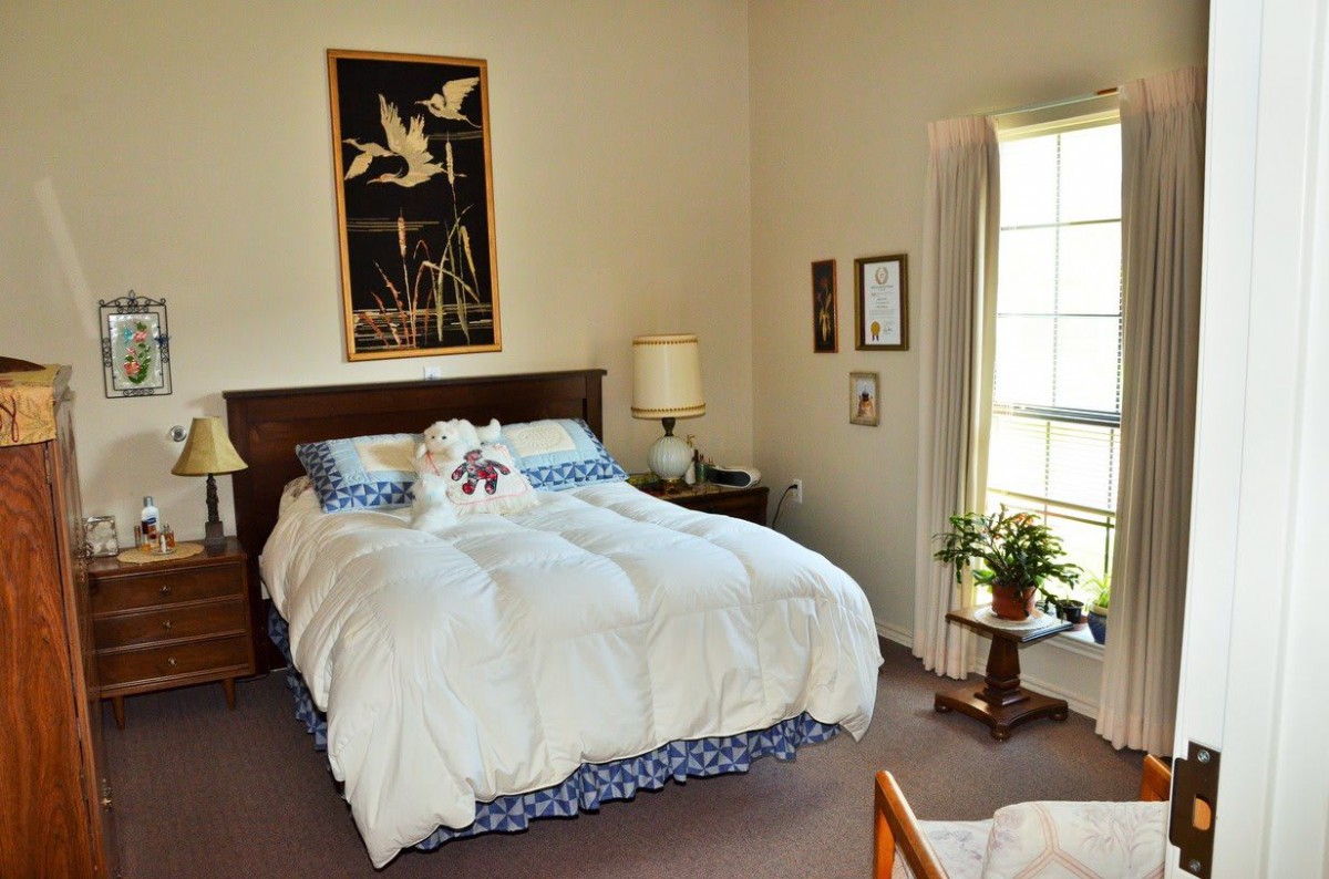 A cozy bedroom with a neatly made bed, decorative pillows, and a lamp on the nightstand. Sunlight streams in through the window, illuminating a potted plant on a small table.