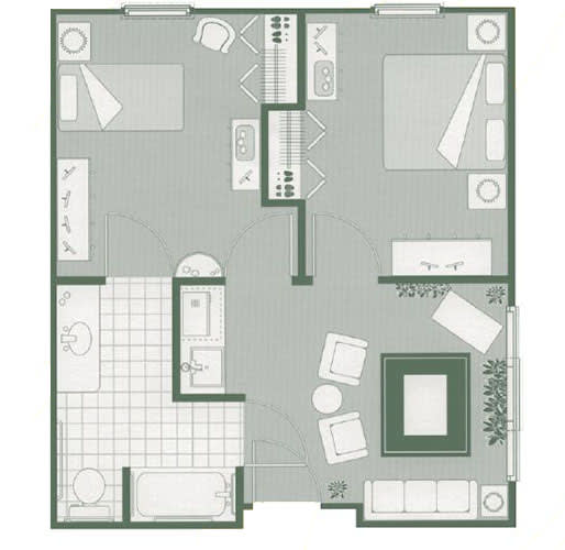 A detailed floor plan of a two-bedroom apartment featuring a kitchen, bathroom, and living room with furniture layout.