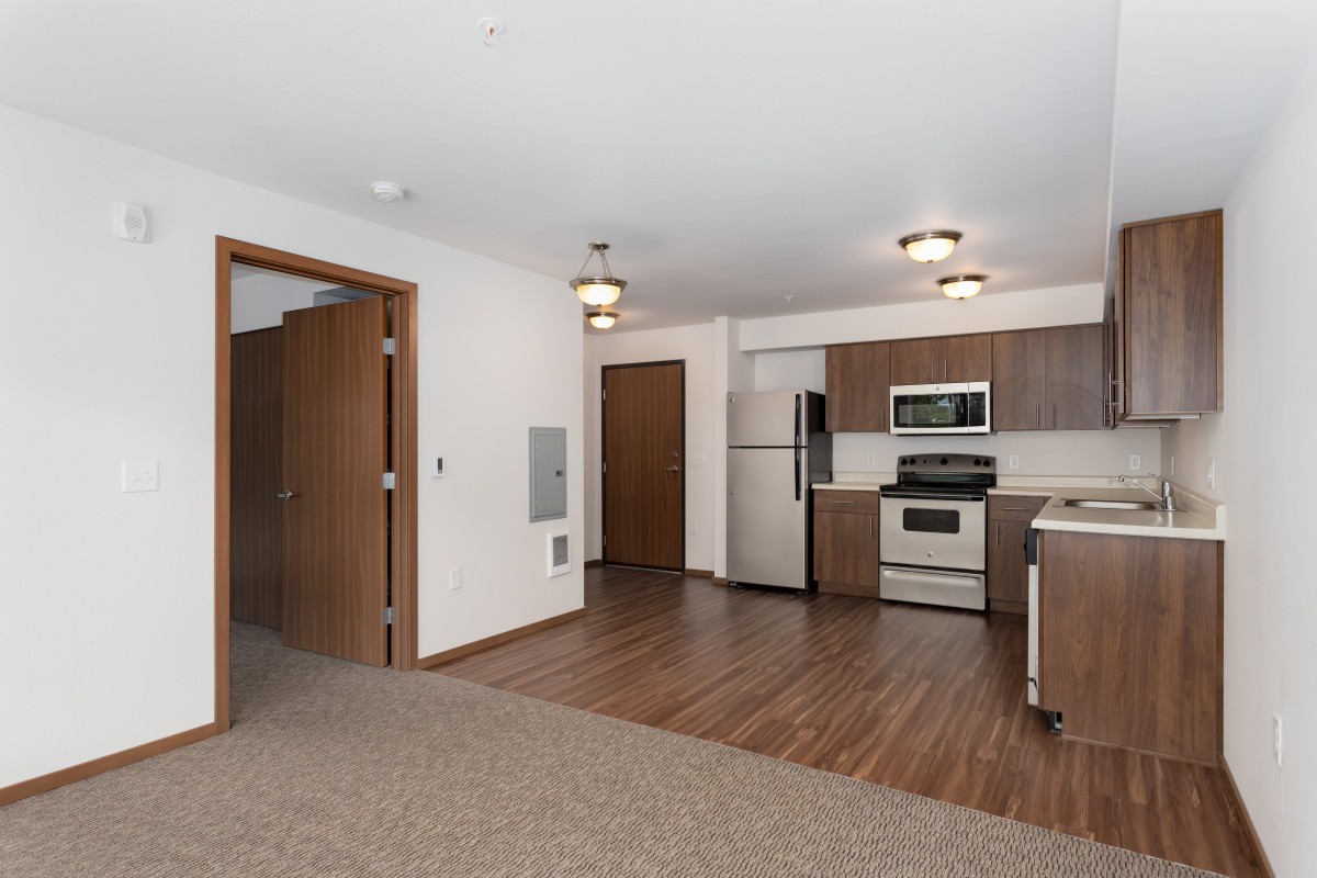 A modern apartment with an open floor plan featuring a kitchen and living area.