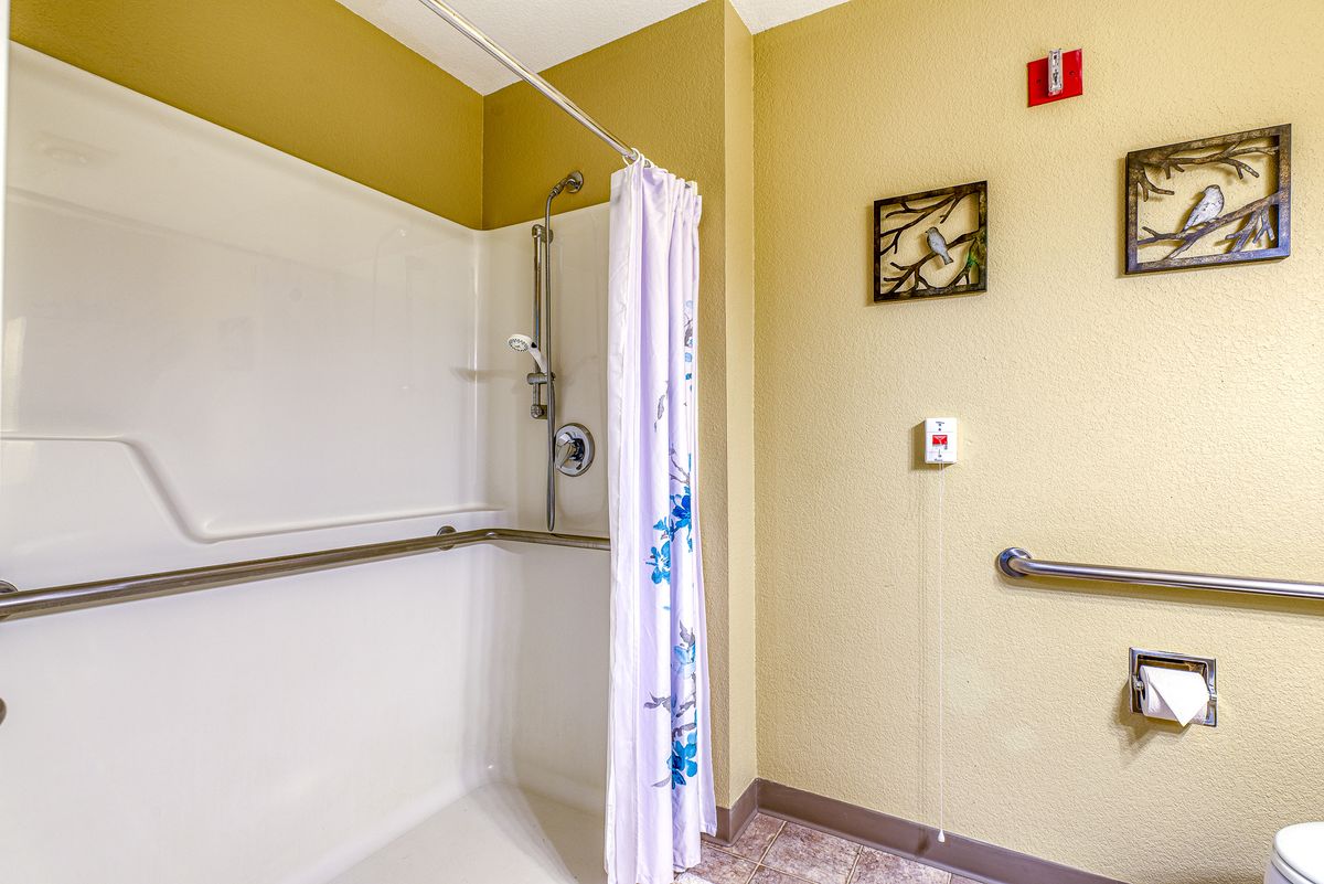 Accessible bathroom with shower and handrails.