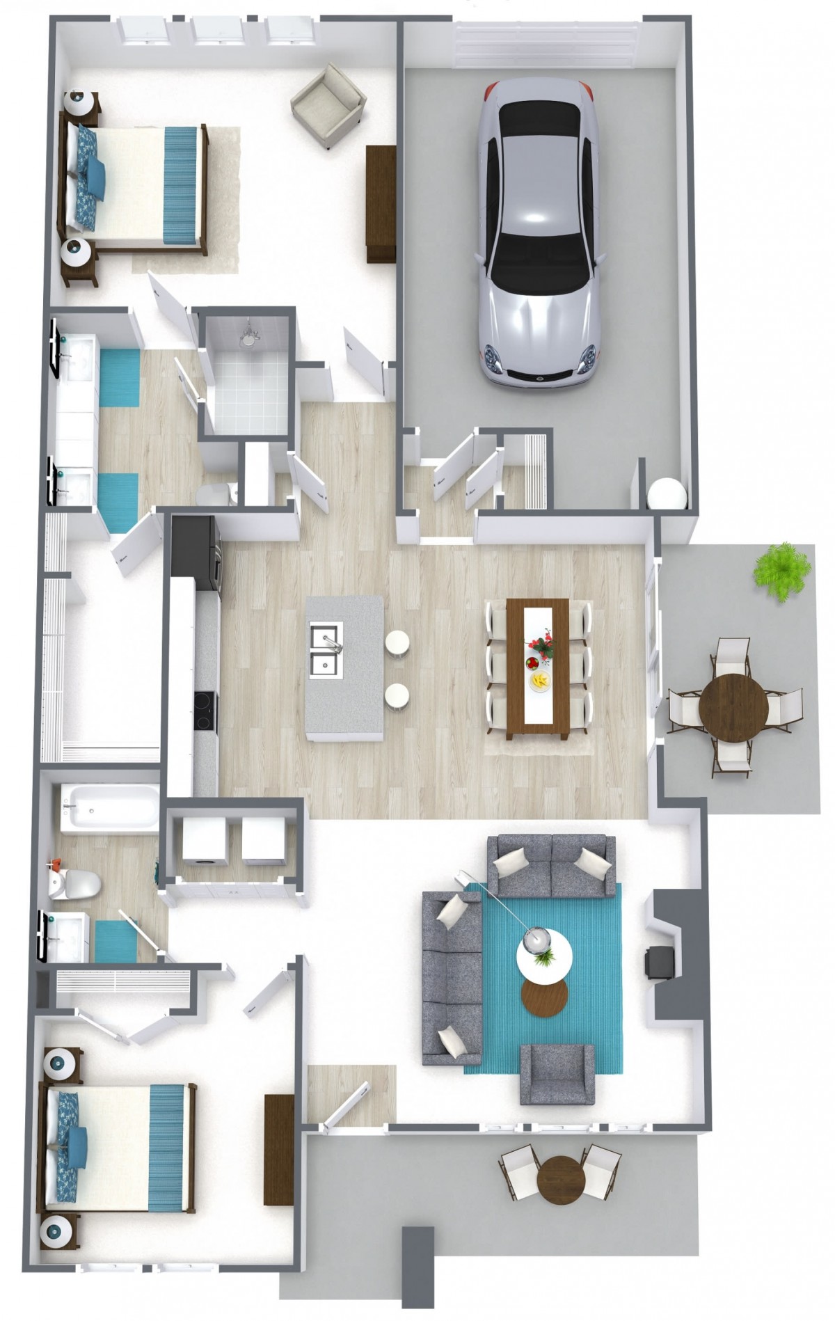 A 3D floor plan of a modern house interior, including a garage, living room, dining area, and multiple bedrooms.