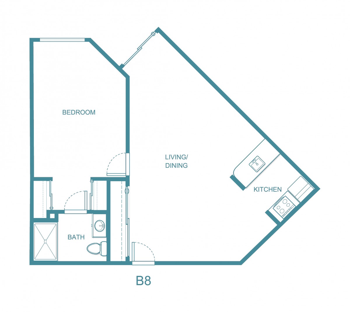 Simple one-bedroom apartment floor plan.