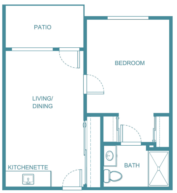 A floor plan of a one-bedroom apartment featuring a living room, kitchenette, bathroom, and patio.