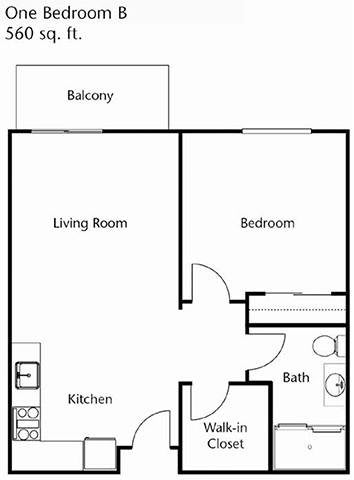 A one-bedroom apartment floor plan with a living room, kitchen, bathroom, and balcony.