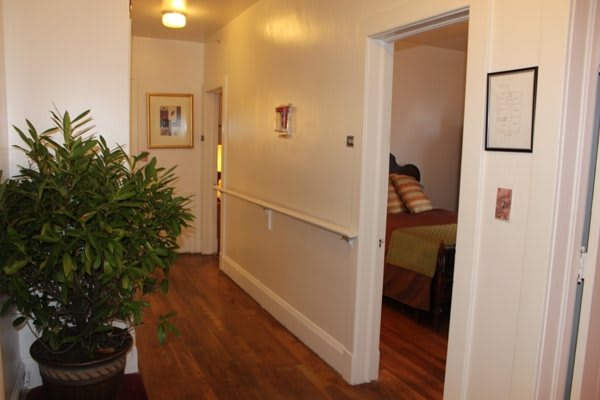 A well-lit hallway with wooden floors, a plant, and open doors leading to rooms.