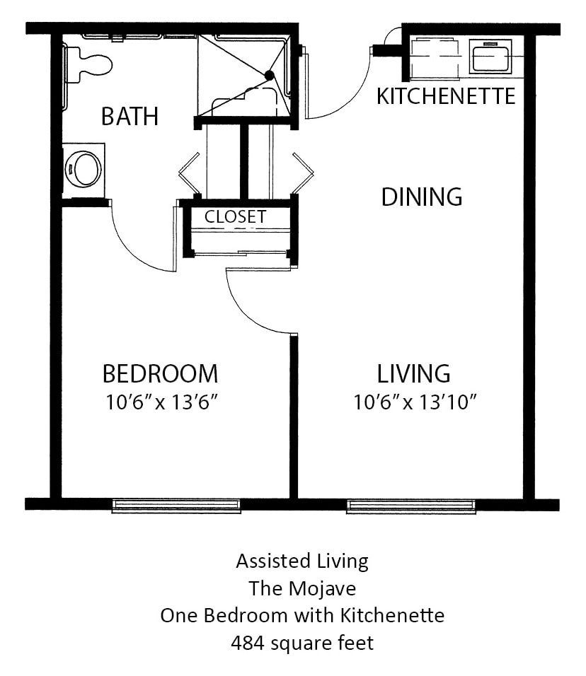 Floor plan of an assisted living one-bedroom apartment with a kitchenette.