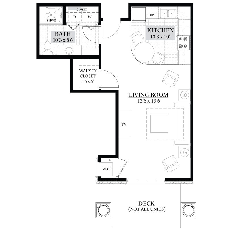 Studio apartment floor plan with living room, kitchen, bathroom, and deck.