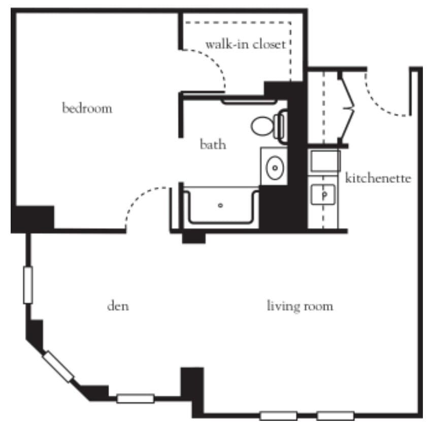 A floor plan of an apartment featuring a bedroom, living room, kitchen, bath, and walk-in closet.