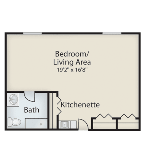 Studio apartment floor plan featuring a bedroom/living area, kitchenette, and bath.