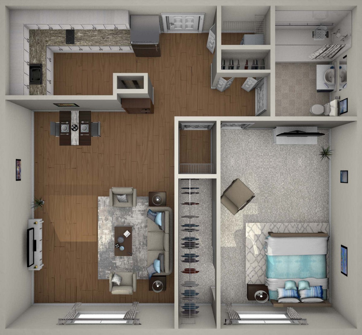 A detailed floor plan of a one-bedroom apartment featuring a living room, kitchen, and bathroom.