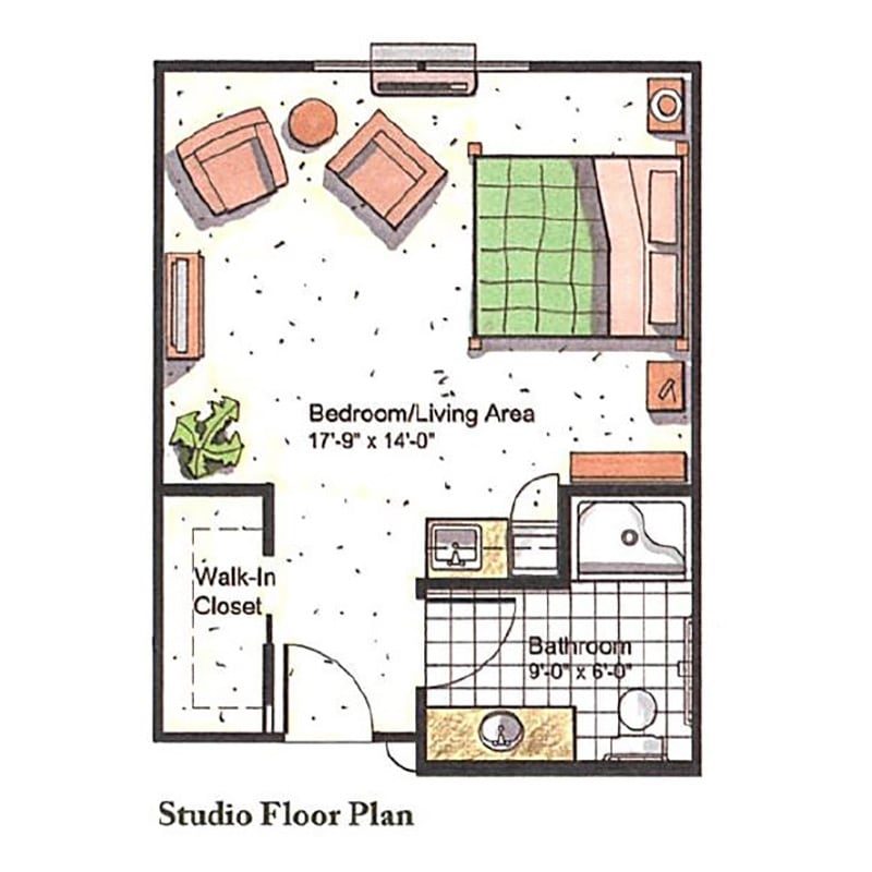 Studio apartment floor plan with a combined bedroom and living area, walk-in closet, kitchen, and bathroom.