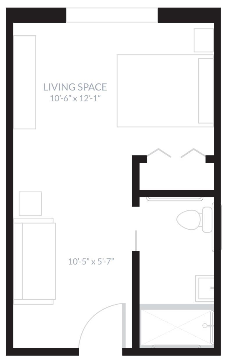 A floor plan of a studio apartment with labeled living space and bathroom.