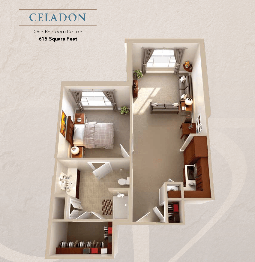 3D floor plan of a one-bedroom apartment at Celadon, featuring an open living area and kitchen.