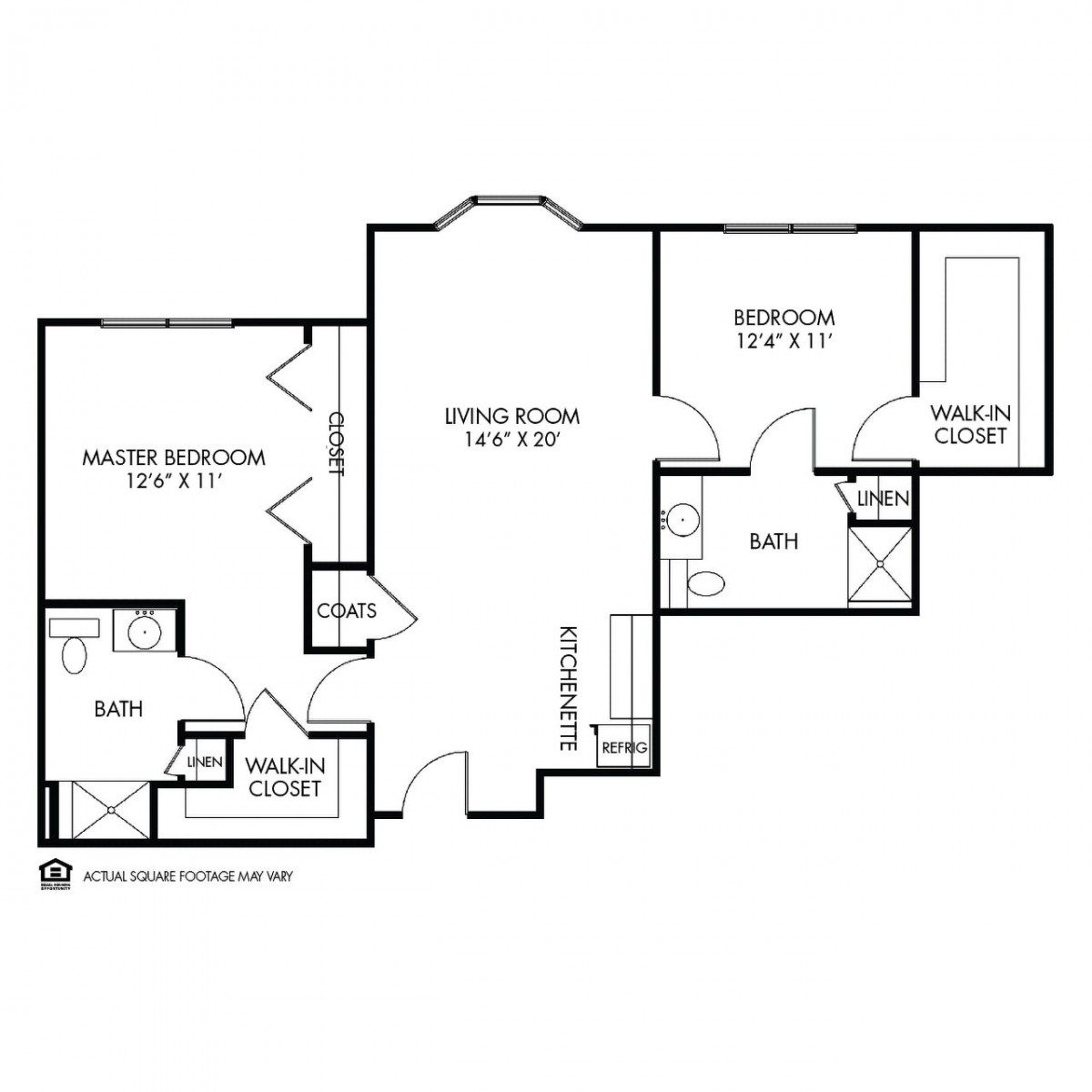 A floor plan of a two-bedroom apartment including a living room, kitchen, and bathrooms.