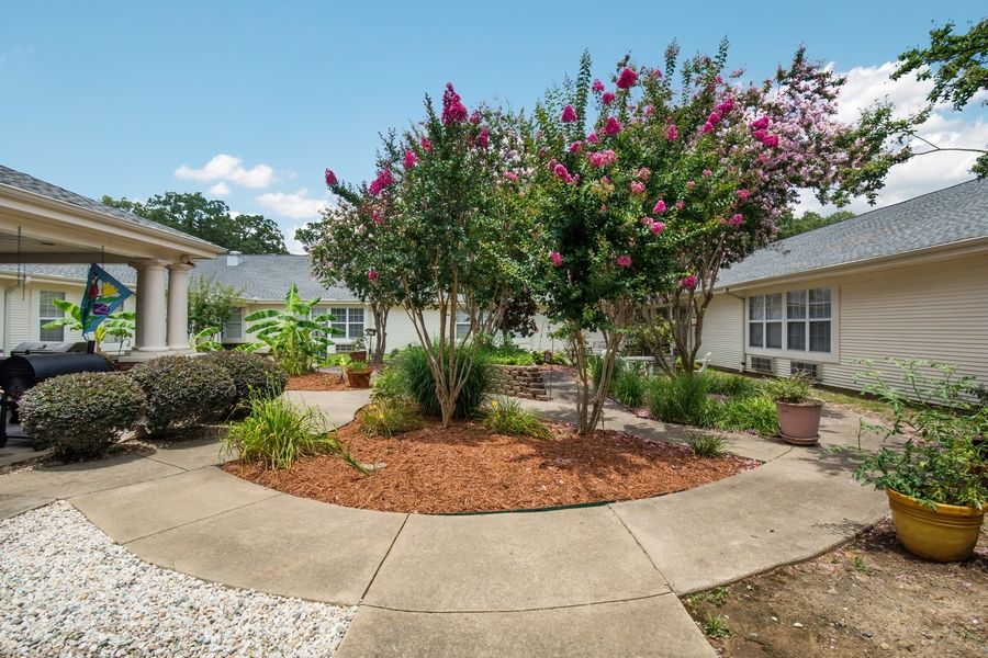 A peaceful courtyard garden with colorful flowers, shrubs, and a surrounding walkway.