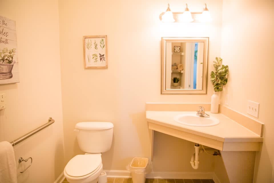 A brightly lit bathroom with a toilet and a sink under a mirror, decorated with plants and wall art.