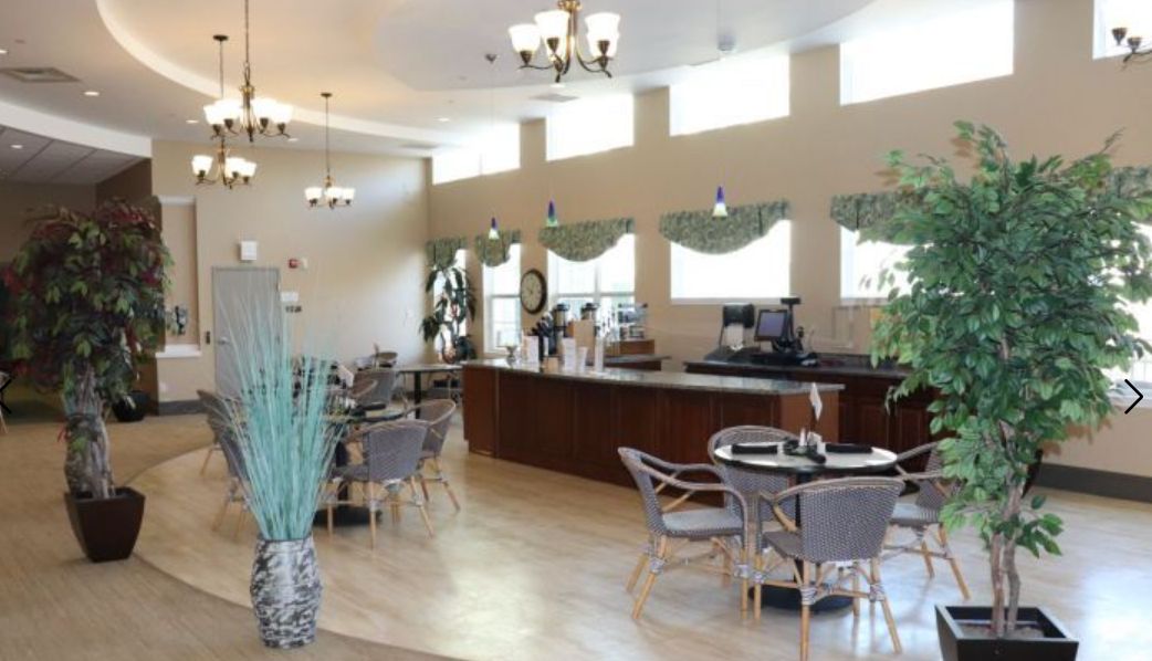 A bright and airy cafe interior with modern furniture and decor.