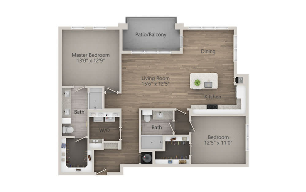 A floor plan of a two-bedroom apartment, featuring an open living room and kitchen area, two bathrooms, and a patio/balcony.