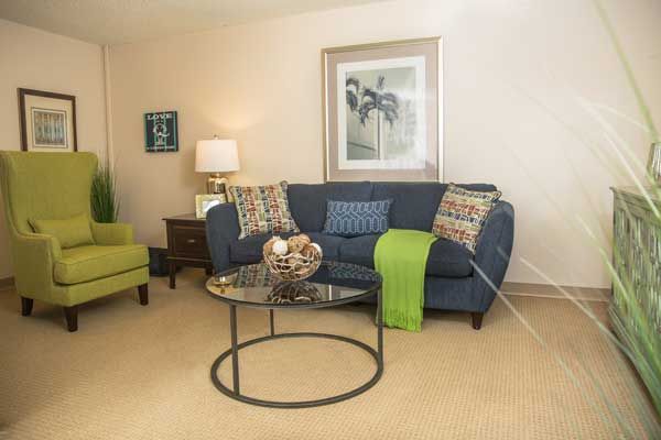 A cozy living room featuring a blue sofa with decorative pillows, a glass coffee table, an armchair, and artwork on the wall.