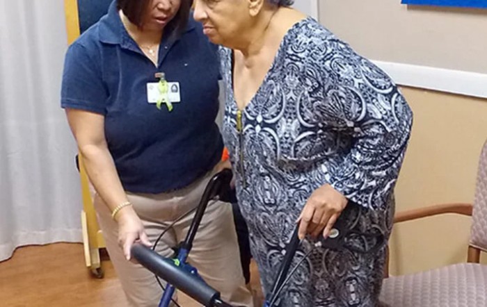 A healthcare worker assists an elderly woman using a walker.