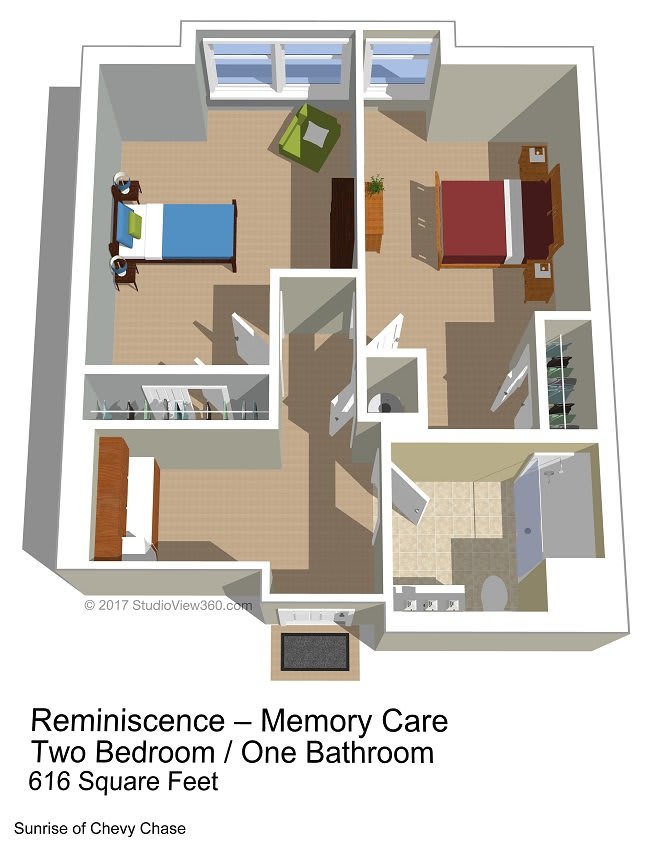 Floor plan of a memory care residential unit.