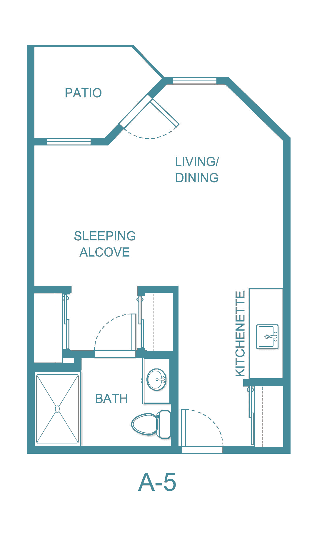 Studio apartment floor plan with a sleeping alcove, kitchenette, and combined living/dining area.