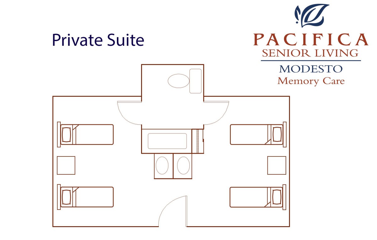 Floor plan of a private suite with multiple beds and a bathroom.