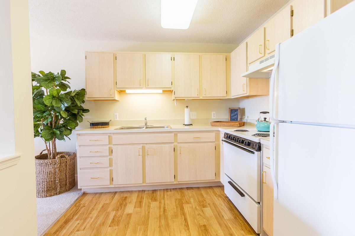 A bright, modern kitchen with wooden cabinets and flooring.