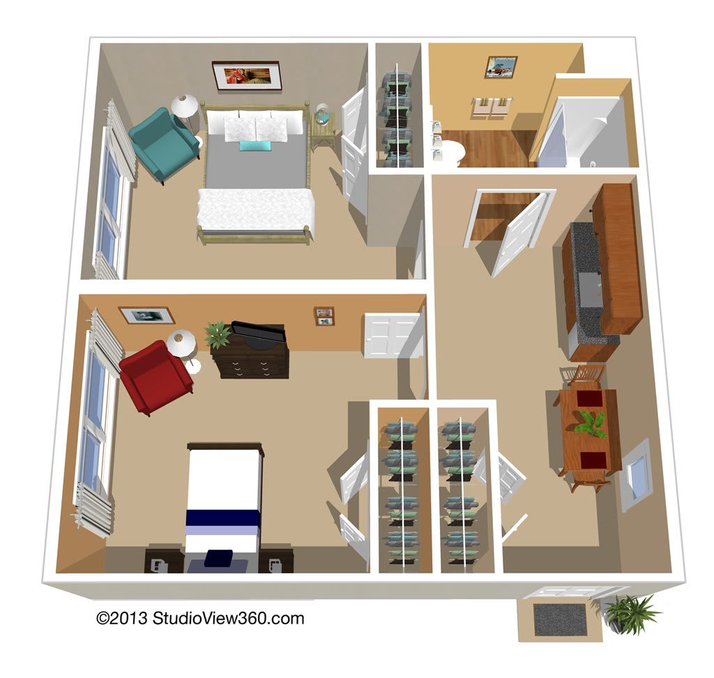 A 3D floor plan of a small apartment with two bedrooms, a living area, and a bathroom.