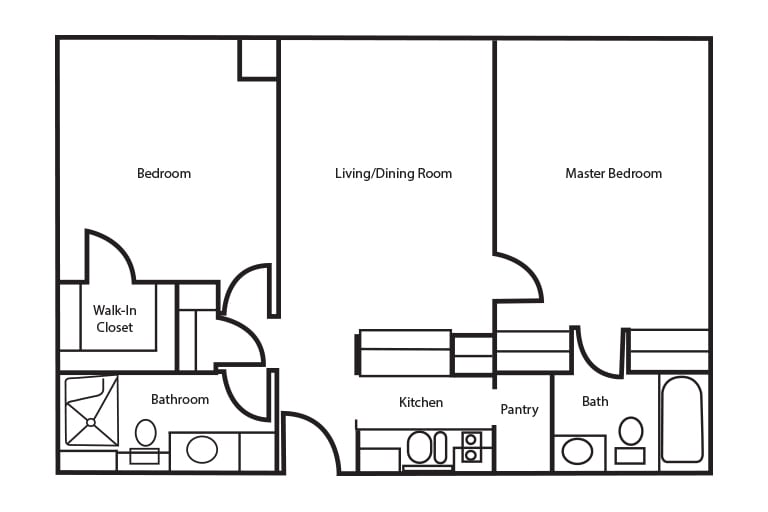 A floor plan of an apartment showing the layout of rooms including bedrooms, bathrooms, kitchen, pantry, and living/dining room.