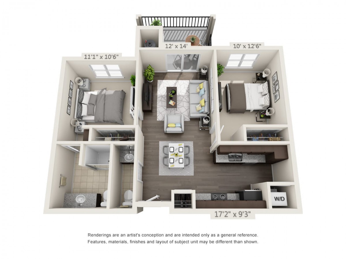 A 3D floor plan of a two-bedroom apartment with an open living area and kitchen.