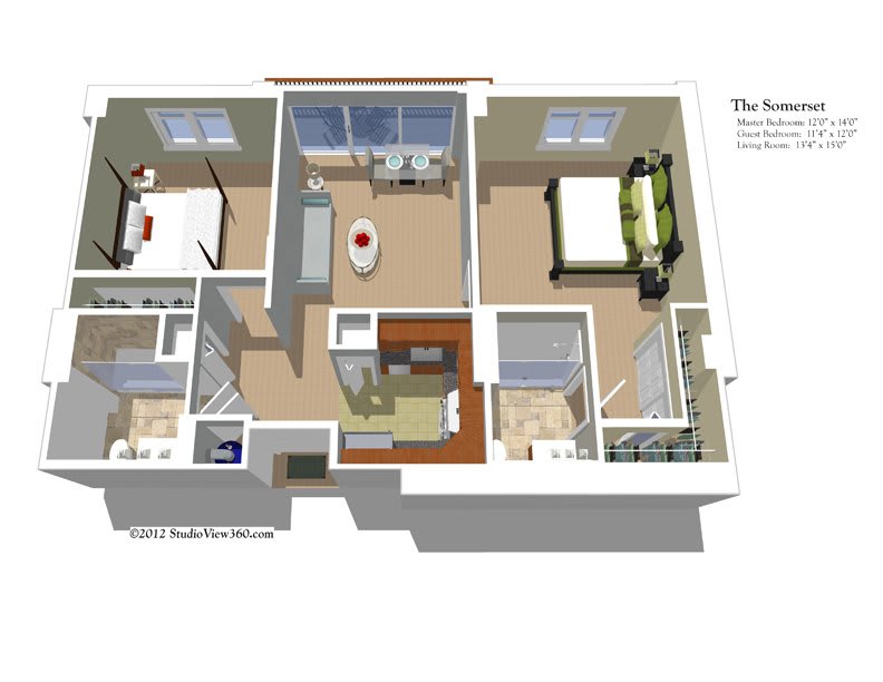 A 3D floor plan of an apartment, showcasing the layout of rooms including bedrooms, a bathroom, and living spaces.