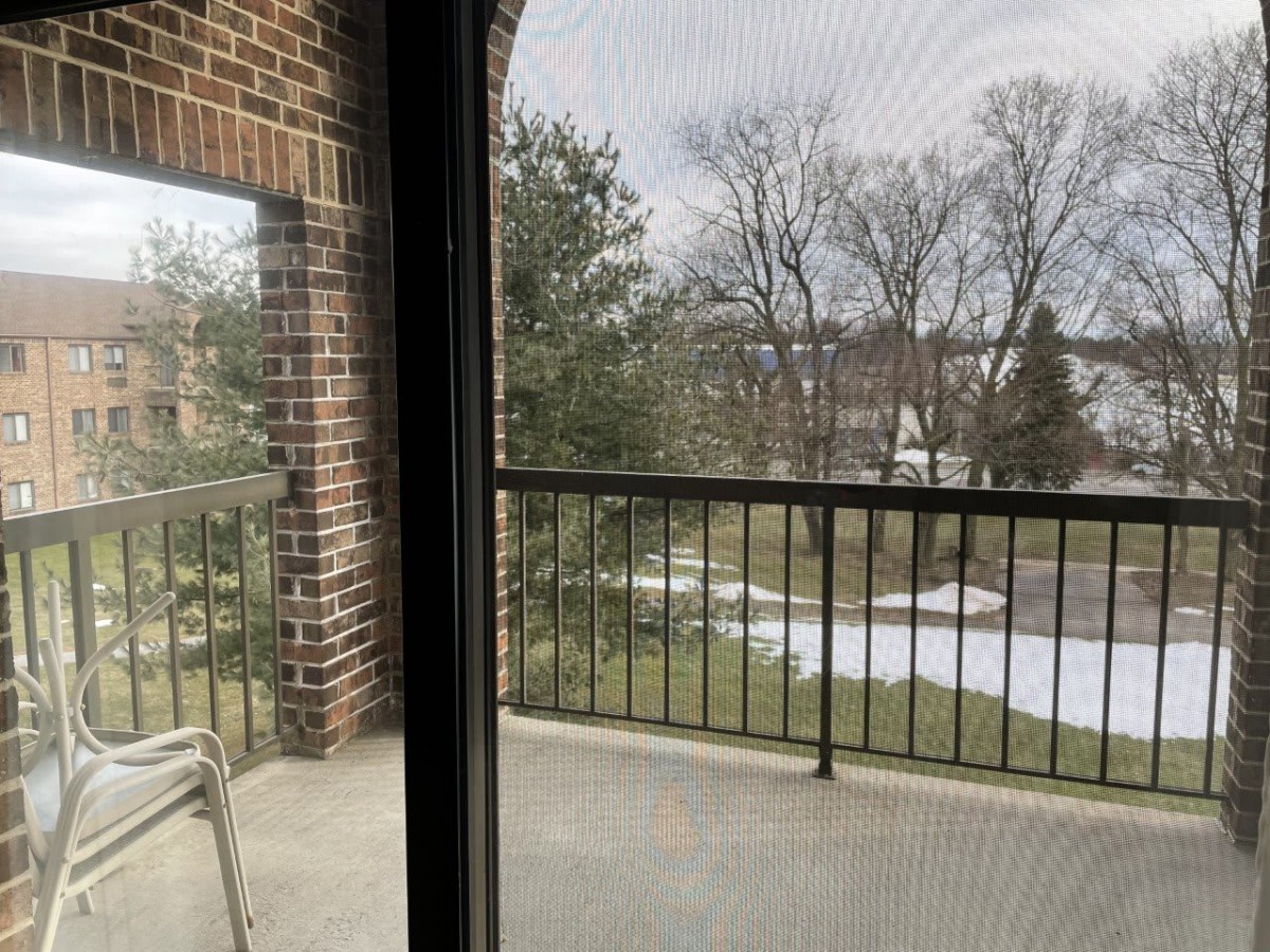 A view from a balcony overlooking trees and an overcast sky.