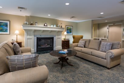 A cozy living room with a fireplace, comfortable sofas, and elegant furnishings.