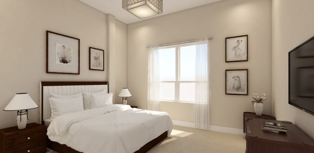 A minimalist bedroom with neutral tones and natural light.